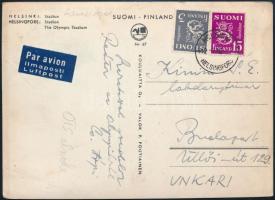 Csanádi Árpád OTSH elnök aláírt levelezőlapja az 1952-es helsinki olimpiáról