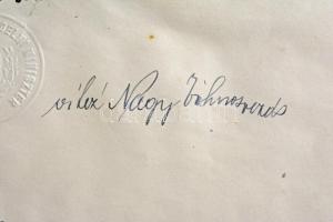 1943. "Magyar Arany Érdemkereszt" kitüntetés névre szóló adományozói okirata, szárazpecsét...