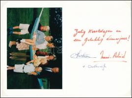 Carl Christian Habsburg herceg (1954-) és felesége Marie-Astrid (1954-) flamand v. holland nyelvű sorai és autográf aláírásai kártyán, mellékelve egy családi fotó a gyerekeikkel a kártyára ragasztva. Lapra montírozva (nem ragasztva). / Archduke Carl Christian of Austria (1954-) and his wife Archduchess Marie-Astrid of Austria (1954-) autograph lines and signature on a card, with a photo showing their family with children. Mounted (not glued) on a piece of paper.