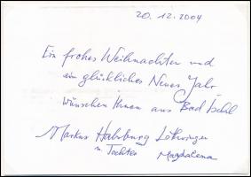 Markus Habsburg-Lothringen (1946-) és lánya Magdalena (1987-) német nyelvű karácsonyi és újévi üdvözlő sorai és autográf aláírásai kártyán. Lapra montírozva (nem ragasztva). / Markus von Habsburg (1946-) and daughter Magdalena (1987-), autograph Christmas and New Year Greeting lines in German and autograph signatures on a card. Mounted (not glued) on a piece of paper.