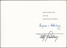 Habsburg Ottó (1912-2011) és felesége Regina (1925-2010) autográf aláírásai német nyelvű köszönő kártyán. Lapra montírozva (nem ragasztva). / Otto von Habsburg and his wife Regina, autograph signatures on a card. Mounted (not glued) on a piece of paper.