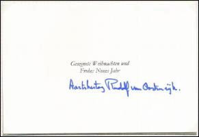 Rudolf von Habsburg (1950-) autográf aláírása karácsonyi üdvözlőlapon. Lapra montírozva (nem ragasztva). / Rudolf von Habsburg (1958-) autograph signature on Christmas greeting card. Mounted (not glued) on a piece of paper.