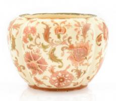 Zsolnay historizáló stílusú, kaspó. Rózsaszín virág mintákkal festett, jelzett, máz alatti kék családi pecséttel. 1880 körül.Mázrepedésekkel, száján kis kopásokkal. d: 14 cm, m: 9 cm / Zsolnay historic style bowl.