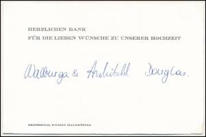 Walburga Habsburg (1958-), Habsburg Ottó lányának és férjének, Archibald Douglas autográf aláírása egy a házassági üdvözletekre válaszoló kártyán. Lapra montírozva (nem ragasztva). / Walburga Habsburg (1958-) and his spouse Archibald Douglas autograph signature on a card, in which they thank for the wedding greetings. Mounted (not glued) on a piece of paper.
