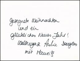 Walburga Habsburg (1958-), Habsburg Ottó lányának és férjének, Archibald Douglas autográf aláírása egy karácsonyi üdvözlőlapon. Lapra montírozva (nem ragasztva). / Walburga Habsburg (1958-) and his spouse Archibald Douglas autograph signature on a card. Mounted (not glued) on a piece of paper.