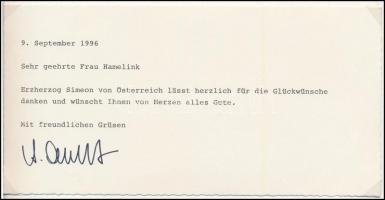 1996 Simeon von Habsburg-Lothringen (1958-) főherceg autográf aláírása egy üdvözlő lapon. Lapra montírozva (nem ragasztva). / 1996 Archduke Simeon von Habsburg-Lothringen (1958-) autograph signature on a greeting card. Mounted (not glued) on a piece of paper.