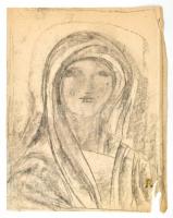 Rácz András (1926-2013): Női fej. Szén, papír, jelzett. Sérült. 39,5x32 cm