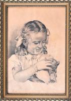 Olvashatatlan jelzéssel: Kislány cicával. Ceruza, papír. Üvegezett, dekoratív fa keretben. 32x22 cm