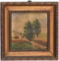 Jelzés nélkül: Faluvége. Olaj, karton. Kissé kopott, régi fa keretben. 10x10 cm
