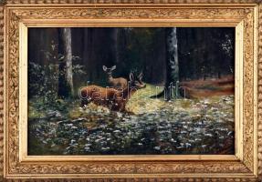 Barkáts J 1912 jelzéssel: Vadak az erdőben. Olaj, karton. Antik fa keretben. 25x40 cm