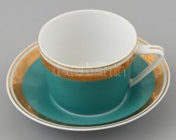 Hollóházi retro mokkás csésze és alj (6 db), matricás, jelzett, kopásokkal