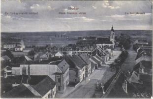 Modor, Modra; Evangélikus leánynevelő intézet, Deák Ferenc utca, Evangélikus templomok. Máy Samu kiadása / Lutheran boarding school for girls, street view, Lutheran churches (EK)