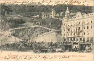 1906 Budapest I. Tabán, Döbrentei tér, Gellért szobor, Erzsébethíd kávéház, piac, Steinfeldi Sörház, Czigler-féle sarok palota, lépcsőfeljáró 1904 után a Gellért szobor építésekor épült ki. Taussig Arthur 3402.