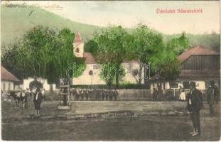 1910 Sósmező, Poiana Sarata; Fő tér, templom. Constantin Matei kiadása / main square, church (Rb)