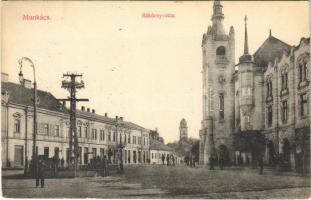 1914 Munkács, Mukacheve, Mukacevo; Rákóczi utca, Városháza, Rosner, Grünfeld üzlete. Vásárkövy János kiadása / street view, town hall, shops (EK)