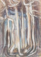 Mersits Piroska (1926-1988): Fehér fák. Vegyes technika, papír. Jelzés nélkül, hátoldalán feliratozott. Üvegezett fa keretben. 60x43 cm