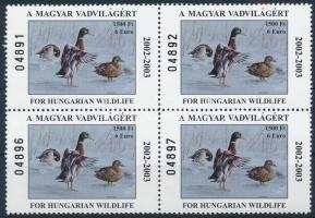 2002-2003 Magyar Vadvilágért kiadatlan bélyeg,négyes tömbben, javított helyes szöveggel. Ritka!