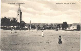 1918 Nagysáp, Református templom és iskola. Mellinger Lajos kiadása (EB)