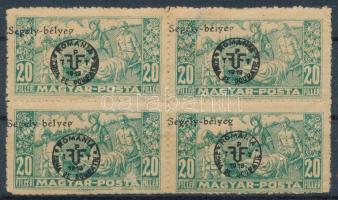 Debrecen II. 1920 Segélybélyeg 20f négyestömb elcsúszott felülnyomással, Bodor vizsgálójellel