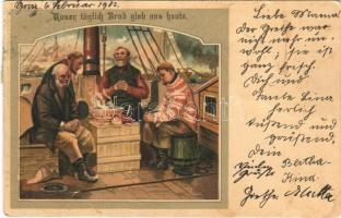 1902 Unser täglich Brod gieb uns heute / German folklore art postcard, fishermens prayer. V.H.B. Serie Vater Unser litho (fl)