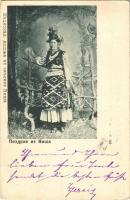 1900 Pozdrav iz Nisha / Serbian folklore, lady from Nis in traditional costumes (ázott sarok / wet corner)