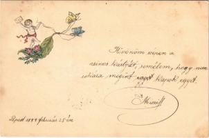 1899 Boy with letter and butterflies, Emb. floral greeting art postcard (fl)