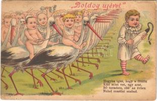 1902 Boldog Újévet! / New Year greeting art postcard, children riding storks. litho (EB)