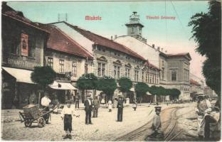 1908 Miskolc, Tűzoltó őrtorony, Istvánffy Testvérek üzlete, villamossín