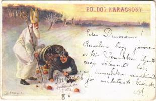Boldog Karácsonyt! / Christmas greeting art postcard, Saint Nicholas s: Döcker (EB)