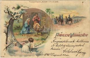 1898 Fröhliche Weihnachten! / Christmas greeting art postcard, Birth of Jesus Christ. Transparentpostk. Meteor No. 186. Art Nouveau, hold to light litho (EK)