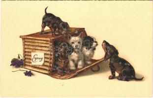 Dogs in a basket, art postcard (EK)