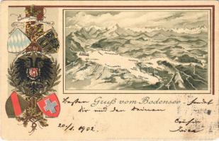 1902 Bodensee, Lake Constance; Bodenseeufer-Staaten. Baiern, Württemberg. Österreich, Baden, Schweiz / map, states on the shores of the lake with coats of arms. Art Nouveau, Emb. litho (pinhole)