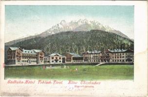 1901 Dobbiaco, Toblach (Südtirol); Südbahn-Hotel, Elise Überbacher Eigenthümerin / hotel, tennis court with players (fl)