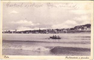 1931 Paks, Hullámtörés a strandon, evezős csónak, háttérben dunai úszó vízi hajómalom (vízimalom). Vitéz Kiss Kálmán kiadása. Tumpek felvétele / Danube with floating watermill (boat mill) (fl)