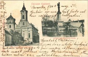 1900 Békéscsaba, Csaba; Evangélikus nagy és kis templom, Artézi kút a Kossuth téren (EK)