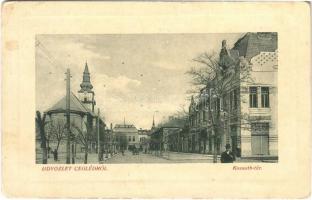 Cegléd, Kossuth tér, Városháza, templom, Takács Pál üzlete. W. L. Bp. 6573. (EM)