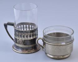 2 db üveg betétes fém és alpakka pohár tartó 7, 13 cm