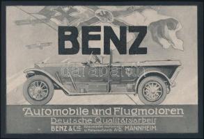 cca 1914 Benz & C., Mannheim német nyelvű autóreklám, háborús grafikával, kartonra kasírozva, 13,5x20 cm