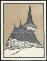 Kós Károly (1883-1977): A magyarlakói román fatemplom Kalotaszegen, offszet, papír,jelzés nélkül, 12x9,5 cm
