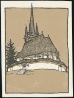 Kós Károly (1883-1977): A gyerőmonostori kerített templom Kalotaszegen, offszet, papír,jelzés nélkül, 13x10 cm