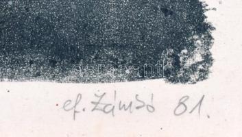 ef Zámbó István (1950-): A macska éjféltől párhuzamos (1981/83). Litográfia, színes ceruza, papír. J...