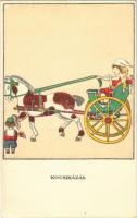 Kocsikázás. Egy jó kislány viselt dolgai képeslap sorozat: I. sorozat 3. szám / Hungarian art postcard s: Kozma Lajos