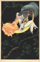 Bohóc és hölgy holdon / Pierrot and lady on moon. Italian art postcard 797.