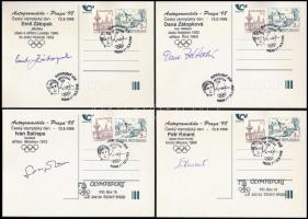 Cseh olmipiai bajnokok autográf aláírásával elletott 4 db alkalmi levlap Emil Zatopek, Peter Kment, Dana Zátopková, Ivan Satrapa / Autograph signatures of Czech olympic champions