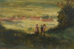 Olvashatatlan jelzéssel, 2 db mű: Emberek a tájban. Olaj, karton. Dekoratív fa keretben. 11,5x16,5 c...