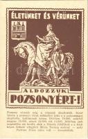 Pozsony, Pressburg, Bratislava; Életünket és vérünket áldozzuk Pozsonyért! irredenta képeslap Mária Terézia szoborral / Hungarian irredenta postcard, statue s: Tary