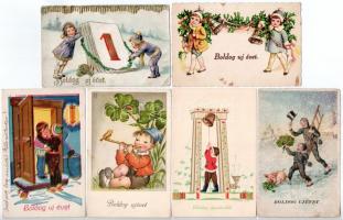 6 db RÉGI újévi üdvözlő motívum képeslap vegyes minőségben, lithok / 6 pre-1945 New Year greeting motive postcards in mixed quality, lithos
