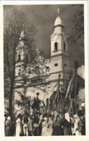 1943 Csíksomlyó, Sumuleu Ciuc; kegytemplom, búcsú / church, Catholic procession