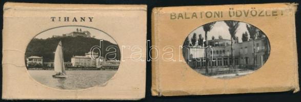 cca 1940-50 Balatoni üdvözlet leporelló 10 db képpel, Barasits kiadása, kopott papírborítóban, 5,5x8,5 cm és Tihany, leporelló 10 db képpel, papírborítóban, 5,5x8,5 cm