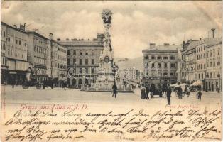 1898 (Vorläufer) Linz a.d. Donau, Franz Josefs-Platz / square, trinity statue, shops